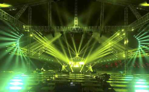 Beam series fixtures sweeping a live stage with green beams