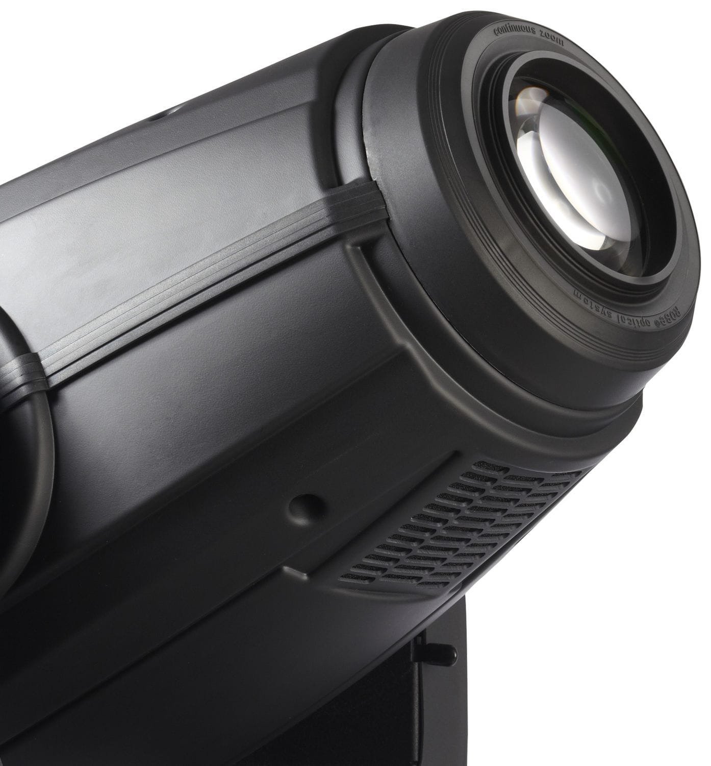Close-up of a coated lens assembly on a professional moving head