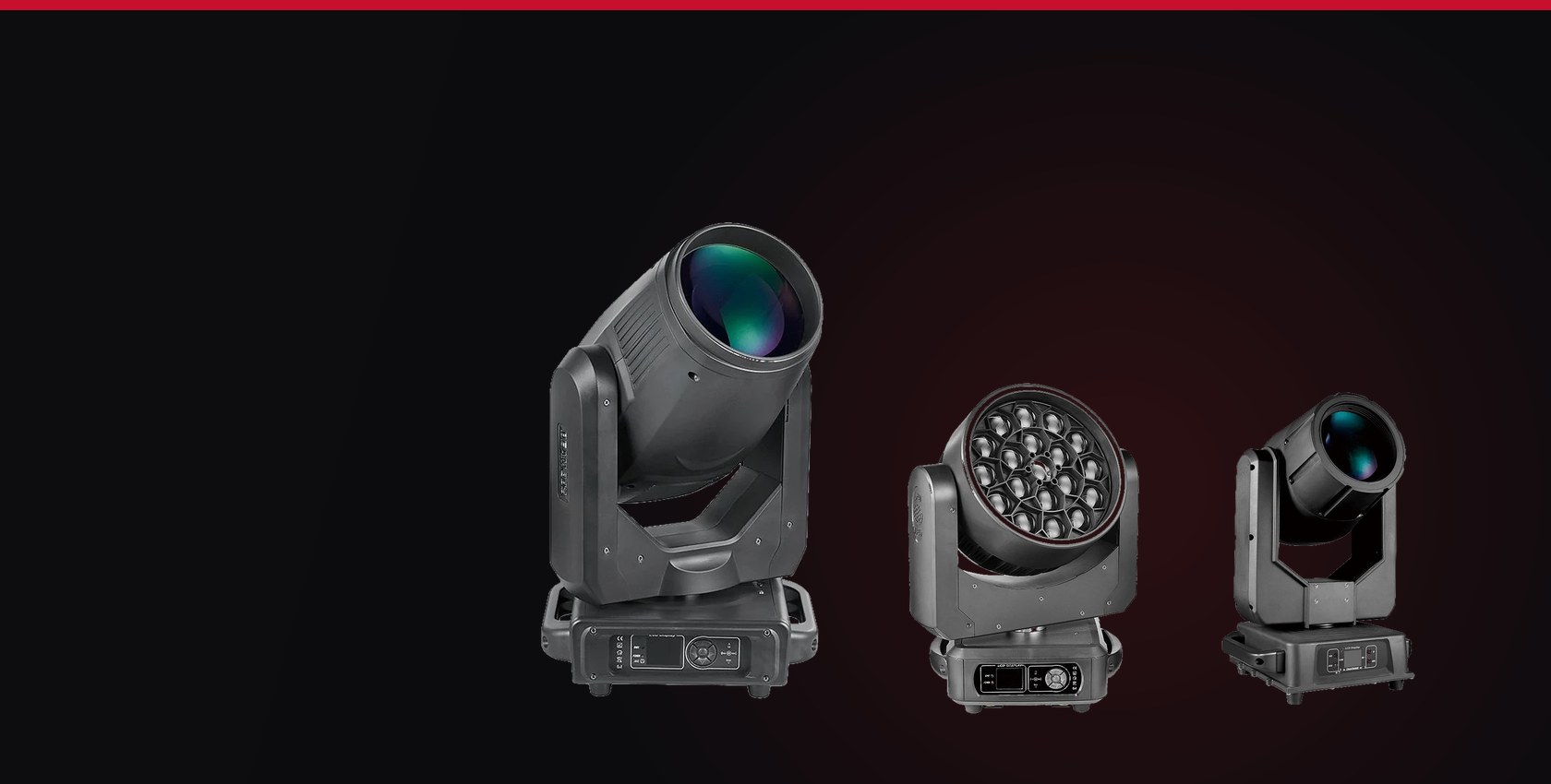 Three BMS moving head fixtures on a dark background — beam, wash and outdoor models