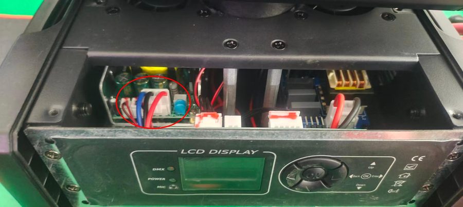 Red circle marking the power output connector on the power supply board
